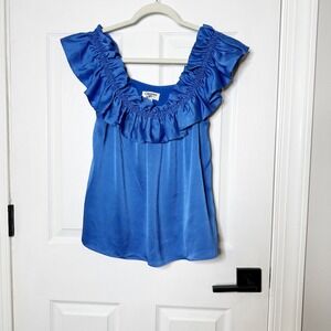 Crosby by Mollie Burch Ruffle Top Womens Small Blue Excellent Flutter Sleeve